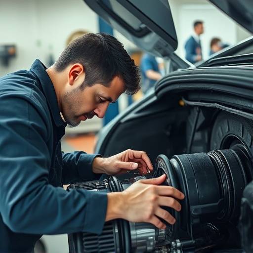 Technician servicing a car's transmission